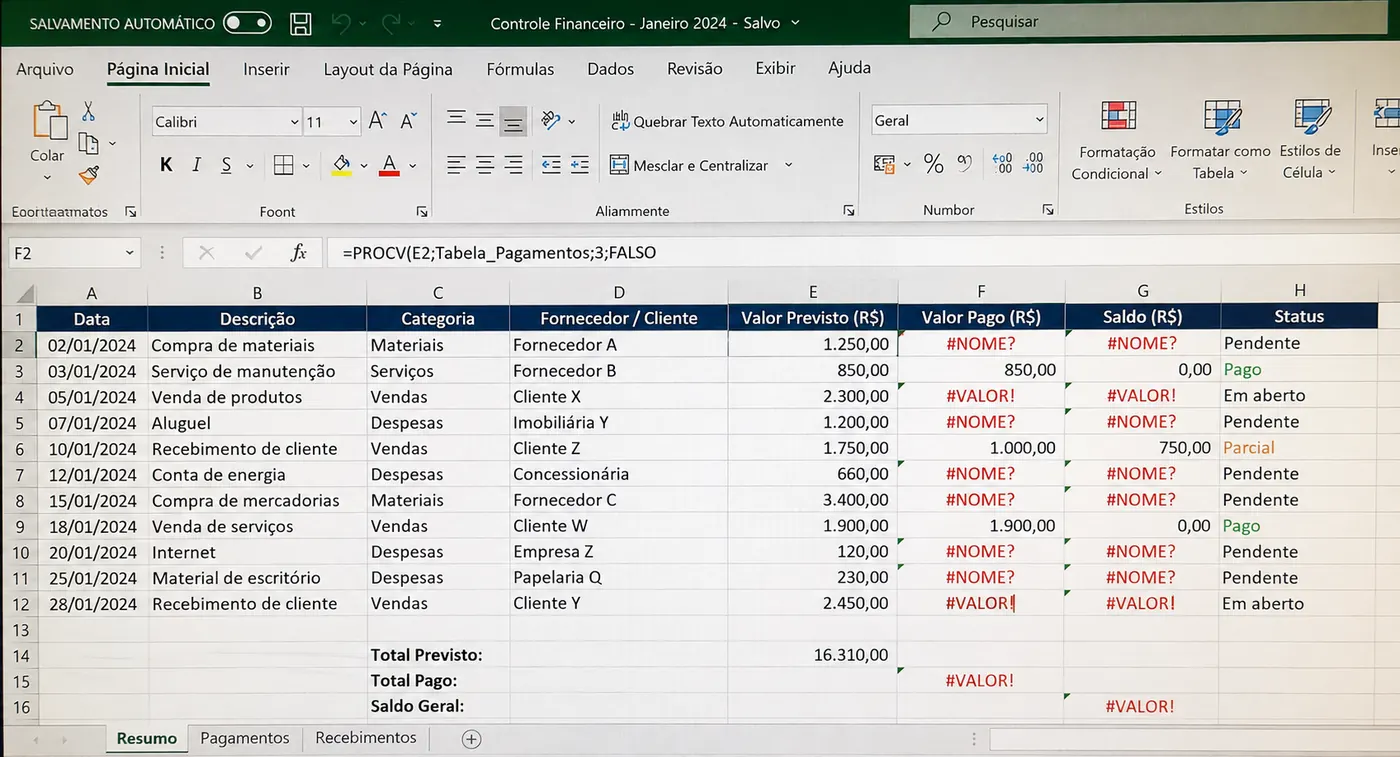 Planilha financeira com erros de fórmula