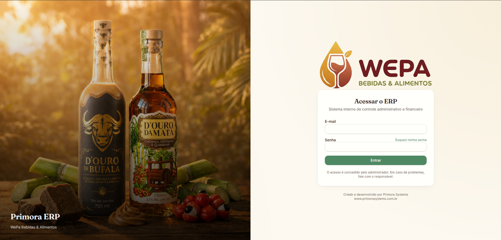 WePa Bebidas ERP: tela de acesso do sistema
