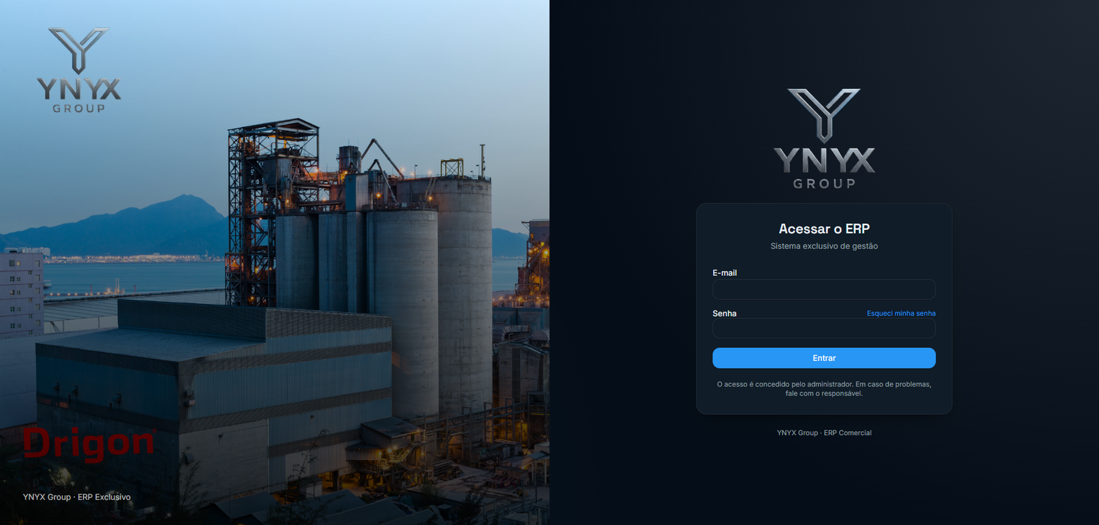 YNYX Group ERP: tela de acesso do sistema