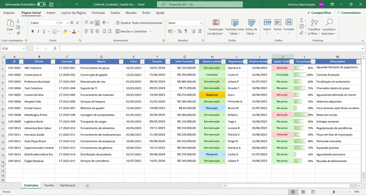 Planilha de controle de contratos e tarefas por cliente