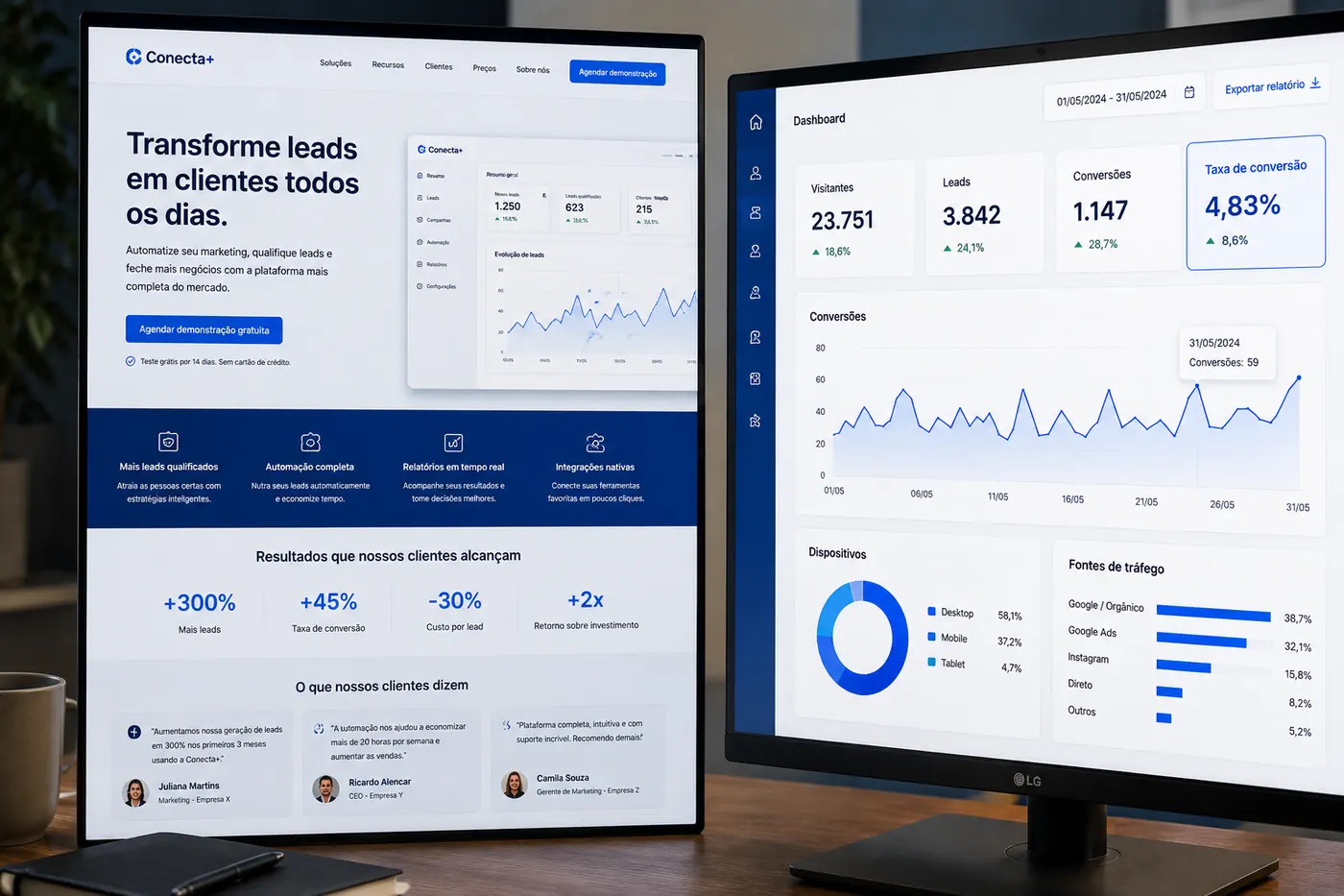 Landing page e dashboard de conversão, com visitantes, leads e taxa de conversão